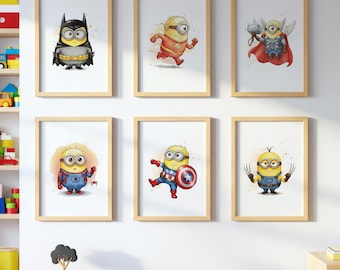 Funny Superhero Wall Art Set of 6 | Kids Boys Room Decor | Superhero Posters Digital Prints | Avengers Thor Captain America