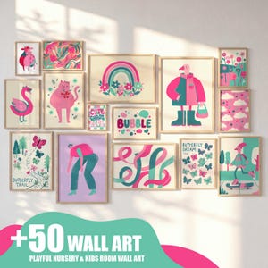 May include: A selection of framed wall art featuring whimsical illustrations in pink, teal, and beige. The artwork includes images of a rainbow, a flamingo, a cat, and butterflies. Text on the art includes "Bubble", "Cute Chaos Club", and "Butterfly Trail". The bottom of the image reads "+50 WALL ART".