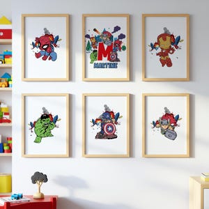 Personalized Superhero Wall Art Set for Kids Room – Custom Name Printable Decor Featuring Cute Comic Style Avengers Characters