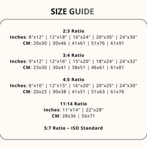 Pode incluir: Um guia de tamanhos com v&aacute;rias propor&ccedil;&otilde;es, incluindo 2:3, 3:4, 4:5, 11:14 e 5:7. Lista dimens&otilde;es em polegadas e cent&iacute;metros, como 8"x12" (20x30 cm) e 24"x36" (61x91 cm), para tamanhos de impress&atilde;o.