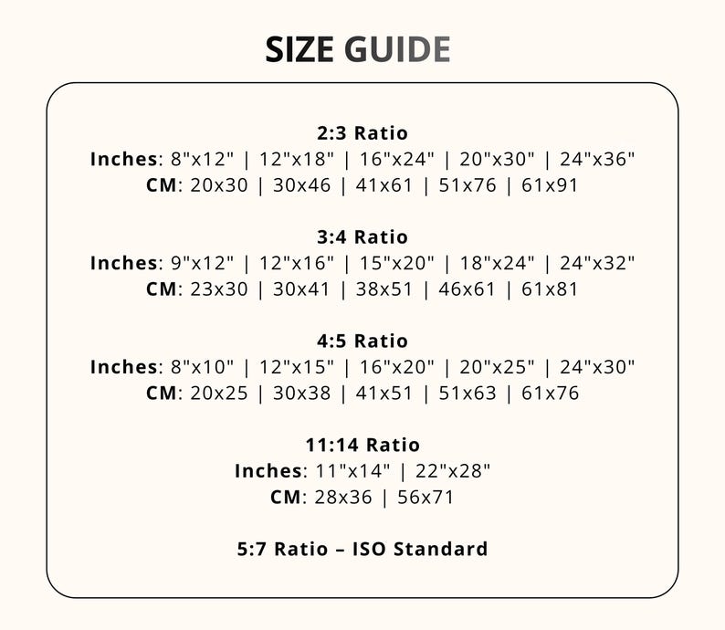 Pode incluir: Um guia de tamanhos com v&aacute;rias propor&ccedil;&otilde;es, incluindo 2:3, 3:4, 4:5, 11:14 e 5:7. Lista dimens&otilde;es em polegadas e cent&iacute;metros, como 8"x12" (20x30 cm) e 24"x36" (61x91 cm), para tamanhos de impress&atilde;o.