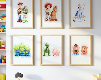 Toy Story Wall Art Set of 6 | Watercolor Prints for Kids Room | Woody Buzz Jessie Bo Peep Aliens Rex Hamm Potato Head Nursery Decor