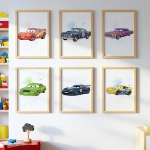 Cars Movie Wall Art, Lightning McQueen Set of 6, Digital Download, Watercolor Cars Printable, Nursery Decor, Boys Room Art, Playroom Poster