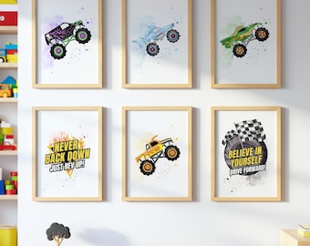 Monster Truck WALL ART prints, Gallery Wall art, Set of 6 Downloadable Prints, Monster Truck Kids wall decor Room, Truck posters wall decor
