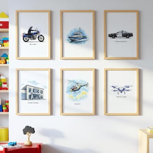 Politievoertuigen WALL ART prints, galerij kunst aan de muur, set van 6 downloadbare prints, politieauto geschenken kinderkamer, politiehelikopter wanddecor