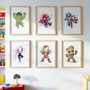May include: Six framed art prints showcasing watercolour illustrations of Marvel superheroes. The characters include Hulk, Spider-Man, Captain America, Spider-Gwen, Iron Man, and Groot. Each print is in a light wood frame, ideal for a child's room or superhero-themed decor.