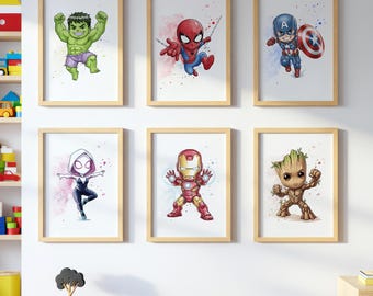 Superhero Wall Art Prints Set of 6 | Kids Room Decor | Hulk Spider-Man Captain America Iron Man Groot Spider-Gwen Nursery Posters