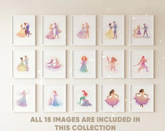 Set 15 Princess Watercolor ART Princess Prints Girl Nursery Decor Boho Fairy Tale Girls Room Decor Pink Princess Nursery Decoration Princess
