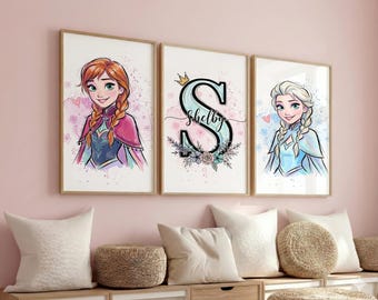 personalized Frozen Wall Art Prints Set of 3 - Featuring Elsa and Anna for Girls' Room Decor, Nursery Decorations, and Kids' Rooms.