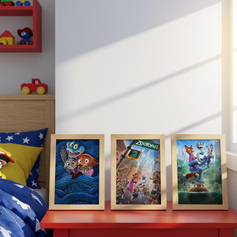 May include: Three framed Zootopia movie posters with wooden frames are displayed on a red table. The posters feature colorful illustrations of characters from the animated film. The frames are rectangular and the posters are displayed in a bedroom setting.