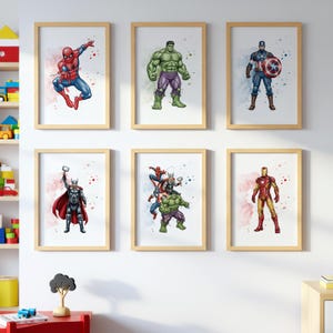 Superhero Wall Art Set, Avengers Nursery Decor, Kids Room Prints, Watercolor Spiderman Poster, Printable Digital Download