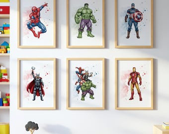 Superhero Wall Art Set, Avengers Nursery Decor, Kids Room Prints, Watercolor Spiderman Poster, Printable Digital Download