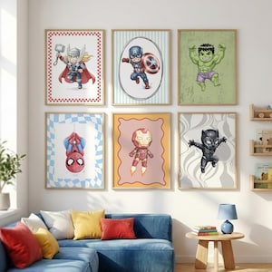 May include: Six framed superhero art prints. The prints feature cartoon illustrations of Thor, Captain America, Hulk, Spider-Man, Iron Man, and Black Panther. Each print has a unique background and frame design, adding a decorative touch to the wall.