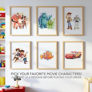 Conjunto de 6 láminas de dibujos animados / Decoración de pared para guardería, póster de Toy Story, Los Increíbles y Cars en acuarela, decoración para sala de juegos infantil (descarga digital)