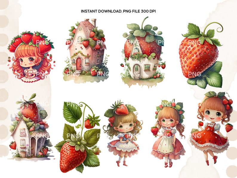 Instant Download 9 Strawberry Girl Clipart Set With PNG Files Etsy