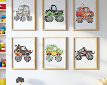 Monster Truck WALL ART prints, Gallery Wall art, Set of 6 Downloadable Prints, Monster Truck Kids wall decor Room, Truck posters wall decor