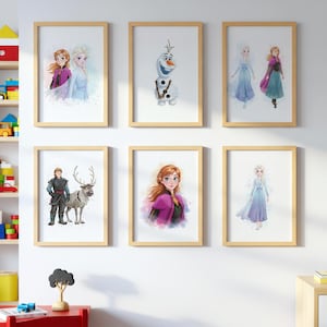 Set Of 6 Drawing Frozen Wall Art - Frozen Poster Set, Girls Room Decor, Nursery Prints, Kids Room decoration, Princess Elsa, Olaf, Anna