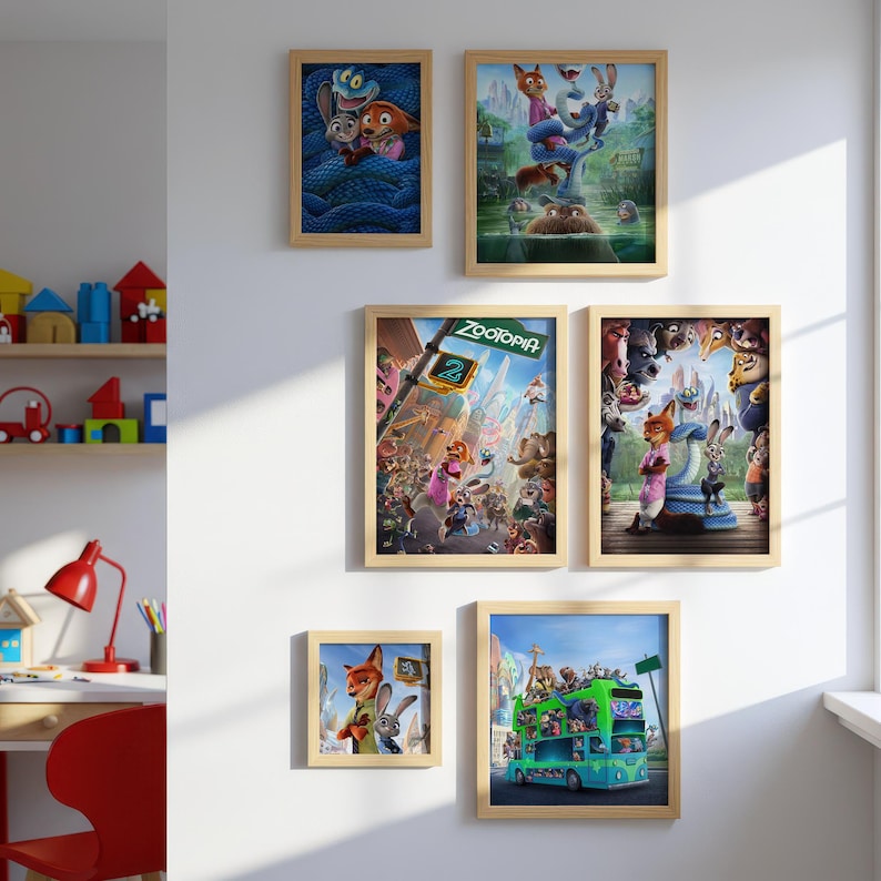 May include: A collection of five framed art prints featuring scenes and characters from the animated movie "Zootopia." The prints showcase colorful illustrations of the film's characters in various settings, with a wooden frame.
