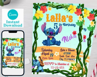 LILO STITCH instant download editable Girl boy Birthday Invitation free  thank you card & back side changeable background Templates Invitations &  Announcements 