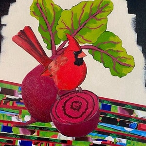 May include: A red cardinal bird perched on a beet with green leaves. The beet is sliced in half, revealing the red flesh inside. The background is a collage of colorful stripes.