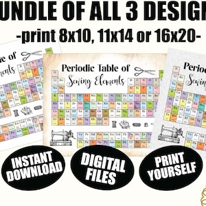 May include: A bundle of three "Periodic Table of Sewing Elements" prints. Each print features a colorful periodic table design with sewing-related elements. The prints are available in 20x25, 28x35, or 40x51 cm sizes. Includes the text "Instant Download", "Digital Files", and "Print Yourself".