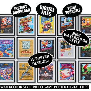 May include: Fifteen framed video game posters in a watercolour style, featuring classic games such as Super Mario Bros and Zelda. Text includes "Instant Download", "Digital Files", "Print Yourself", and "New Watercolour Style".