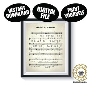 You Are My Sunshine Music Sheet DIGITAL FILE Qty 1 Nursery Wall Art Decor Vintage Gender Neutral Baby Shower Gift Instant Download Printable