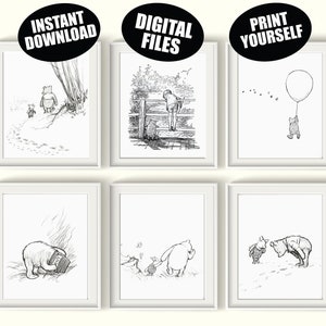 Winnie the Pooh DIGITAL FILES Qty 6 Classic Pooh Gender Neutral Nursery Wall Decor Sketch Art Baby Shower Gift Instant Download Printable