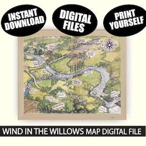 May include: A framed watercolour map depicting a landscape with a river, trees, and buildings. The map is labelled with various locations and features a compass rose. Text on the image includes "Instant Download," "Digital Files," and "Print Yourself."
