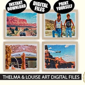 Puede incluir: Cuatro impresiones artísticas digitales enmarcadas que representan escenas de la película "Thelma & Louise". Las imágenes incluyen un coche en una carretera desértica, dos mujeres en vaqueros, un coche en el aire sobre un cañón y una mujer conduciendo. Se incluye el texto "DESCARGA INSTANTÁNEA", "ARCHIVOS DIGITALES" y "IMPRÍMETE TÚ MISMO".
