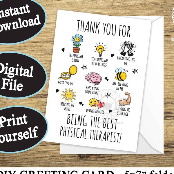 Physical Therapist Card PRINTABLE Physical Therapist Thank You Gift Card School PT Appreciation Greeting Card Thank You Digital Download