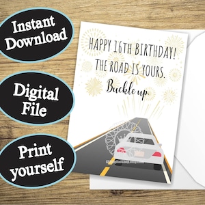 16. Geburtstag Auto Karte, sechzehnte Geburtstagskarte für junge Mädchen Sweet 16 Karte DRUCKBARE Karte für Tochter Nichte Enkelin Digital Download