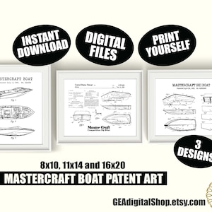 May include: Three framed black and white Mastercraft boat patent art prints. The prints are in white frames and feature boat diagrams. The image includes text that says "Instant Download", "Digital Files", and "Print Yourself".