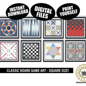 Puede incluir: Conjunto de ocho impresiones digitales cuadradas imprimibles con diseños de juegos de mesa clásicos. Los diseños incluyen damas, ajedrez, conecta cuatro, tres en raya, un spinner, un juego en forma de estrella y otros dos juegos. El texto "CLASSIC BOARD GAME ART - SQUARE SIZE!" está en la parte inferior de la imagen.