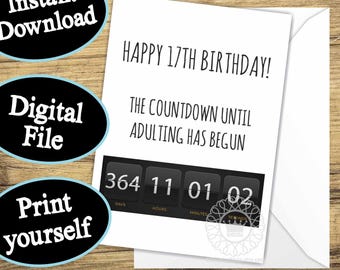 Biglietto di auguri divertente per il 17° compleanno, stampabile, conto alla rovescia per adulti, biglietto per il 17° compleanno, biglietto per figlio o figlia, nipote, download digitale istantaneo