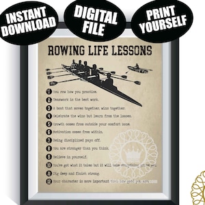 May include: Framed print with the text "Rowing Life Lessons" and a vintage aesthetic. The image features a rowing boat with a crew, a smaller boat, and a list of 12 lessons. Includes the text "Instant Download", "Digital File", and "Print Yourself".