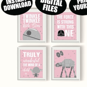 Star Wars Girls Pink Nursery Wall Art DIGITAL FILES Qty 4 Kids Star Wars Wall Decor, Posters Star Wars Playroom Baby Shower Gift Darth Vader