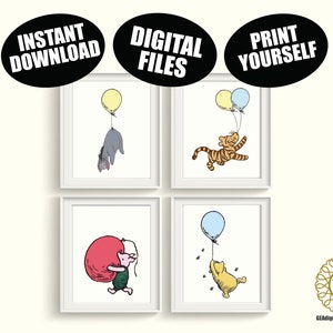 Winnie the Pooh DIGITAL FILES Qty 4 Classic Pooh Balloons Gender Neutral Nursery Wall Decor Art Baby Shower Gift Instant Download Printable