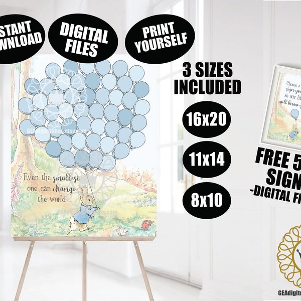Peter Rabbit Guest Book Alternative Baby Shower First Birthday 1st DIGITAL FILES Classic Boys Blue Balloons Sign Instant Download Printable