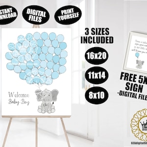 Elephant Baby Shower Guest Book Alternative DIGITAL FILES Classic Boys Blue Balloons Signatures Sign Birthday Instant Download Printable