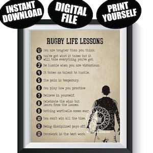 Lições de vida de rugby ARQUIVO DIGITAL Cartaz esportivo motivacional Presente da equipe Presente sênior Meninos Arte de parede de aniversário Download instantâneo para impressão