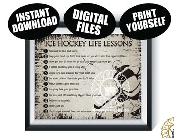 May include: A printable digital art print with a black and white illustration of an ice hockey player. The print features a list of 12 life lessons inspired by the sport, including teamwork, discipline, and never giving up.