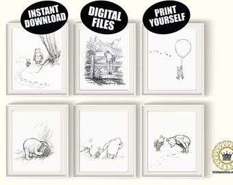 Winnie the Pooh DIGITAL FILES Qty 6 Classic Pooh Gender Neutral Nursery Wall Decor Sketch Art Baby Shower Gift Instant Download Printable