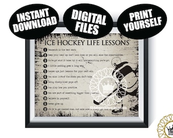 May include: A black and white printable poster with a hockey player illustration and a list of 12 ice hockey life lessons. The text includes phrases like "Teamwork is the best work", "Keep your head up", "You've got what it takes", "Never give up", and "It's OK to get knocked down".