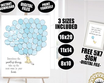 Winnie the Pooh Guest Book Alternative DIGITAL FILES Classic Boys Blue Balloons Baby Shower 1st First Birthday Instant Download Printable