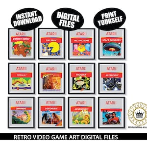 May include: A set of 12 digital printable Atari video game art prints. The prints feature classic Atari games like Donkey Kong, Pac-Man, Ms. Pac-Man, Space Invaders, Pitfall!, Frogger, Asteroids, Centipede, Defender, Adventure, and E.T. The prints are in a retro style with the Atari logo and game title.