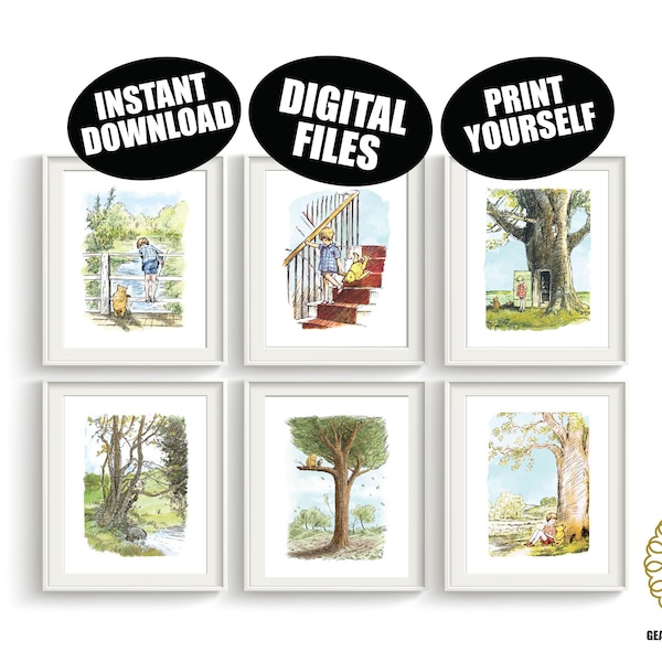 Winnie the Pooh Watercolor DIGITAL FILES Qty 6 Classic Gender Neutral Nursery Wall Decor Art Baby Shower Gift Instant Download Printable