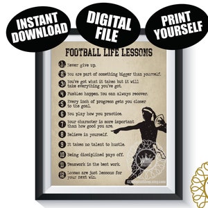 Może przedstawiać: Drukowany cyfrowy plakat z brązowym tłem i czarnym tekstem. Plakat przedstawia sylwetkę kobiety grającej w piłkę nożną i listę 12 życiowych lekcji z futbolu. Tekst zawiera: "Nigdy się nie poddawaj", "Jesteś częścią czegoś większego niż ty sam", "Masz to, czego potrzeba, ale będzie to wymagało od ciebie wszystkiego", "Błędy się zdarzają. Zawsze możesz się pozbierać", "Każdy krok naprzód przybliża cię do celu", "Graj tak, jak trenujesz", "Twój charakter jest ważniejszy niż twoje umiejętności", "Wierz w siebie", "Nie potrzeba talentu, żeby być pracowitym", "Dyscyplina się opłaca", "Praca zespołowa to najlepsza praca", "Porażki to tylko lekcje na przyszłe zwycięstwa."