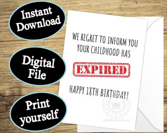 Funny 18th Birthday Card PRINTABLE Childhood Expired Birthday Card, Card for Son, Daughter Nephew Niece Boyfriend Digital Instant Download