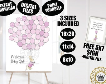 Peter Rabbit Baby Shower Libro de Visitas Alternativa ARCHIVO DIGITAL Classic Girls Pink Globos Firmas Signo Cumpleaños Descarga Instantánea Imprimible
